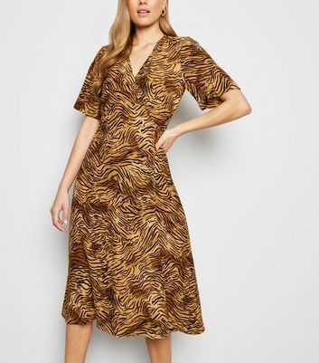 Brown Tiger Print Midi Wrap Dress | New ...
